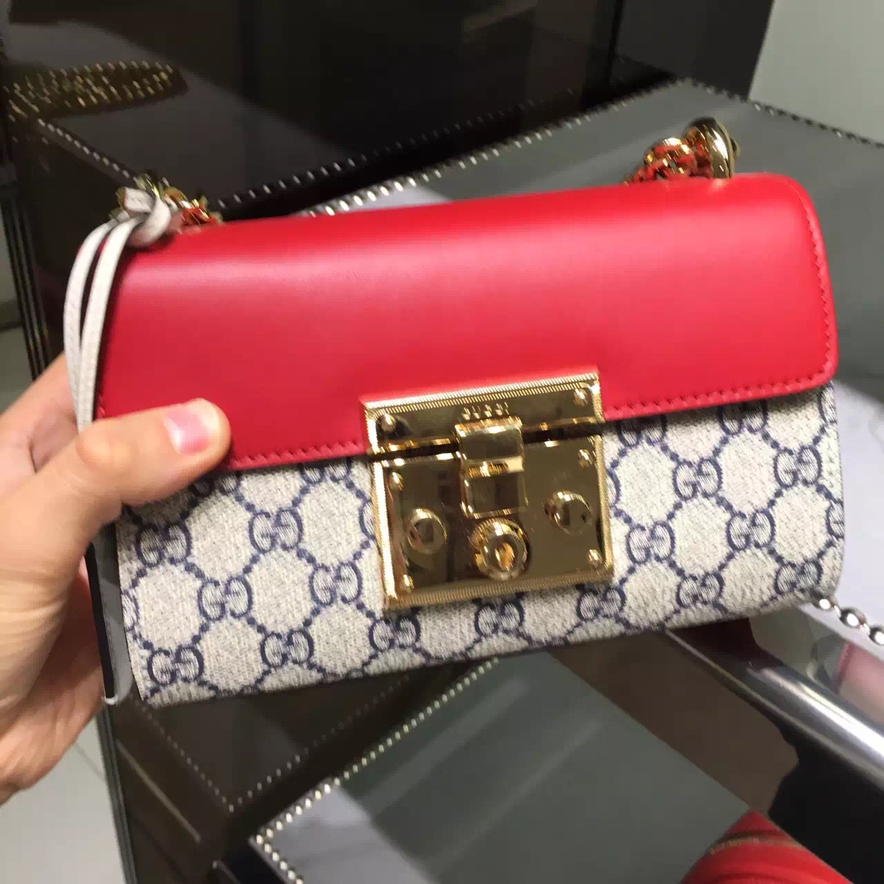 Gucci Padlock GG Supreme Shoulder Bag 409486 Beige Blue